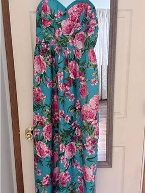 Strapless Teal Maxi Dress with Pink Floral Print